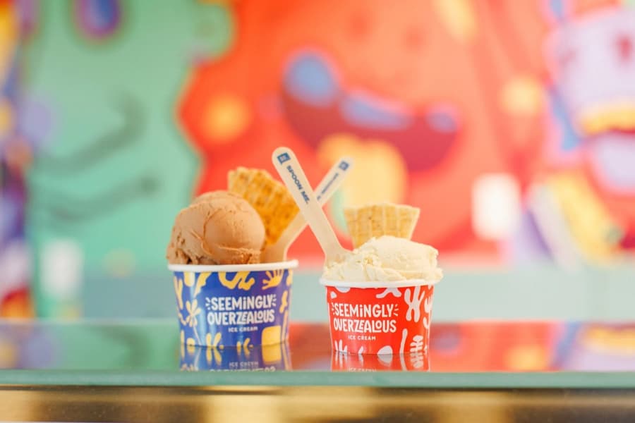 Two cups of Seemingly Overzealous ice cream with waffle chips at the colorful Camp North End shop in Charlotte.