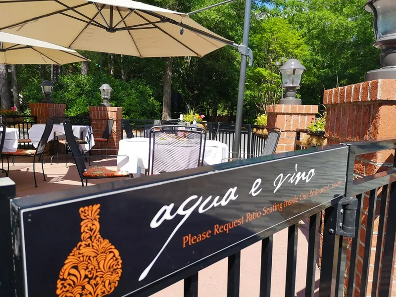 Umbrellas and patio tables at Aqua e Vino in Charlotte