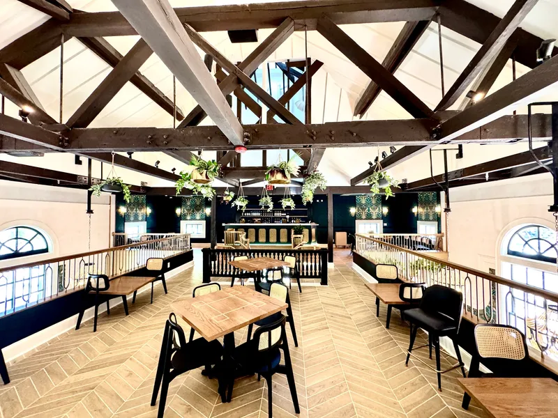 Wooden beams above Leluia Hall’s former church dining room in Charlotte