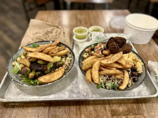 Bowls of falafel, rice and vegetables at Yafo Kitchen in Charlotte