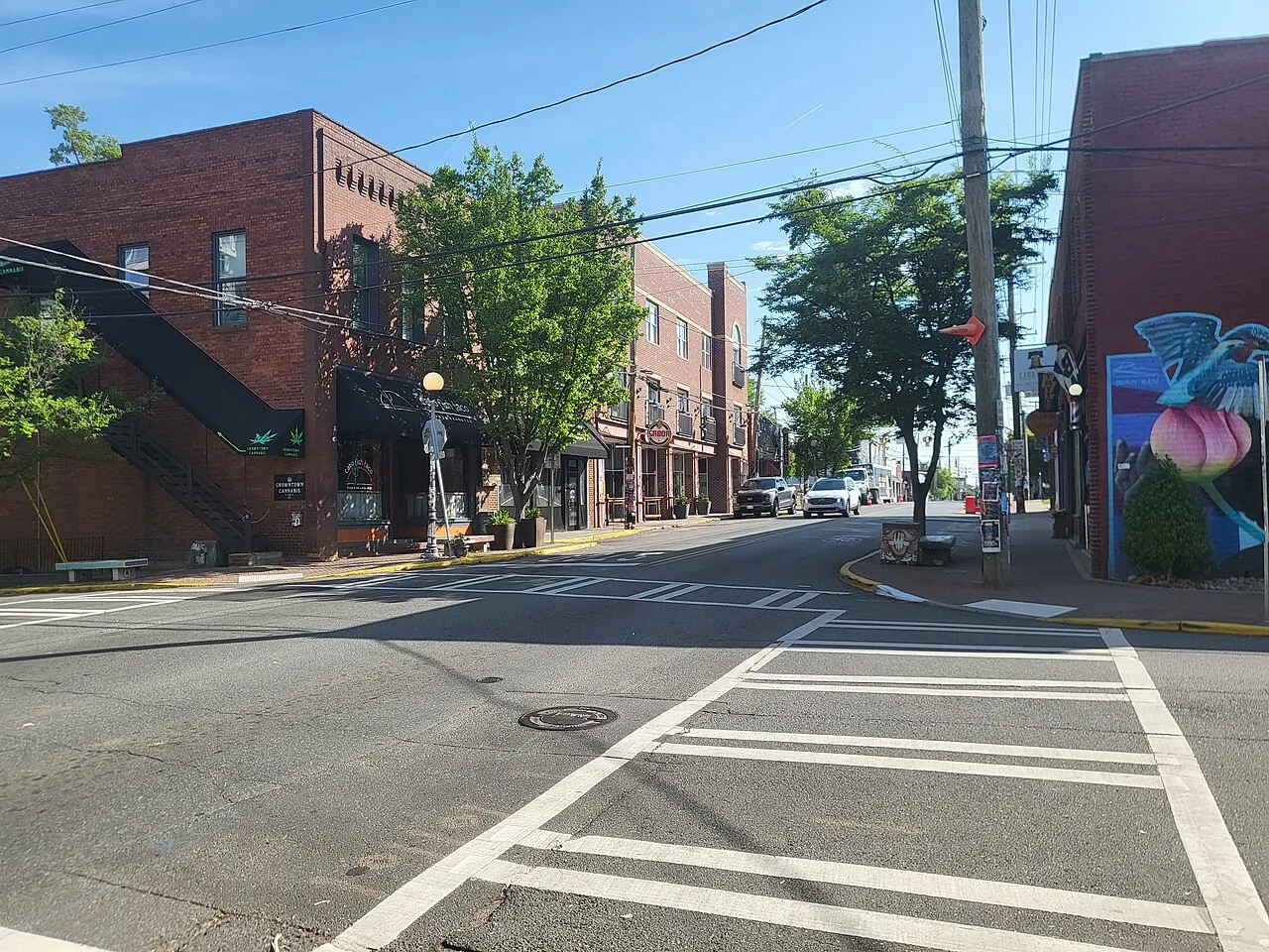 Brick storefronts and crosswalks at North Davidson and 35th Street in Charlotte’s NoDa neighborhood